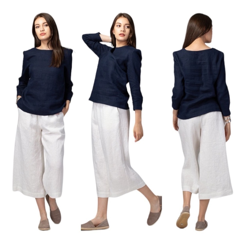 S.Oliver White Midi Linen Wide Leg Pants, elastic waistband Sz. 40 US L ( 12 )